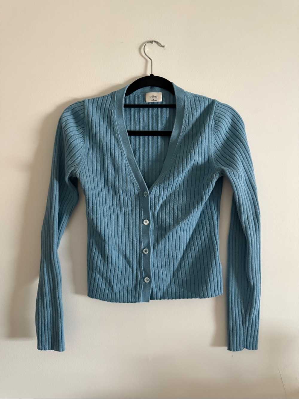 38) Wilfred Light Blue Ribbed Manila Cardigan wool/cotton blend, size medium